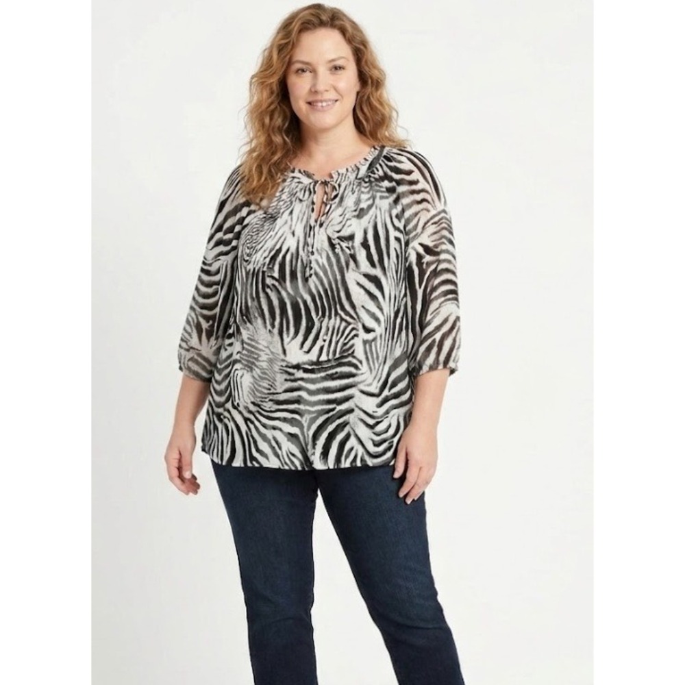 Investments Black White Zebra Tie Front Pintuck Relaxed Popover Blouse XL